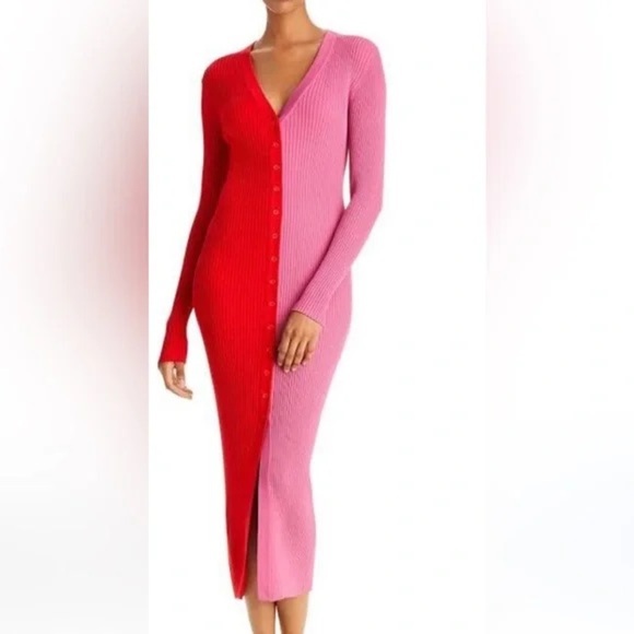 STAUD Shoko Two Tone Split Cardigan Dress Size Large Color Pink Red - Picture 2 of 5